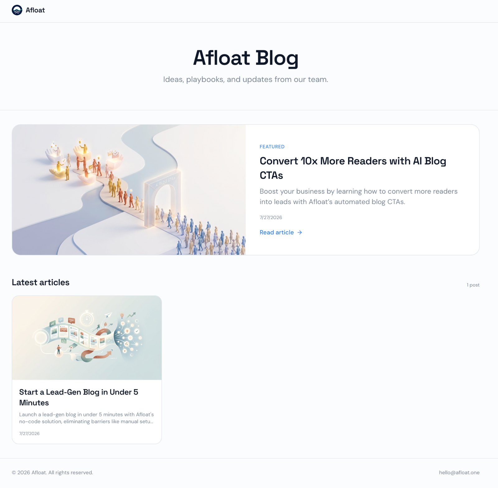 Afloat blog homepage created automatically at first login, showing a featured post and the latest articles list