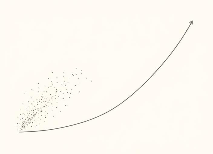 Scattered data points converging into a strong upward growth curve